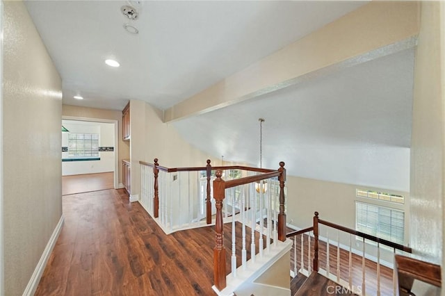 10059 Rock Hl, Moreno Valley, CA 92557 - hall with an upstairs landing, wood finished floors, baseboards, recessed lighting, and vaulted ceiling