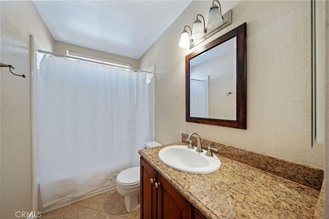 10059 Rock Hl, Moreno Valley, CA 92557 - bathroom with tile patterned floors, toilet, vanity, shower / bath combo with shower curtain, and a textured wall