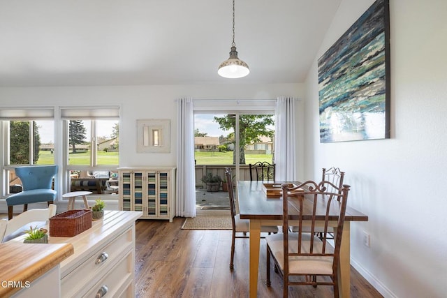dining space featuring dark wood finished floors and lofted ceiling
