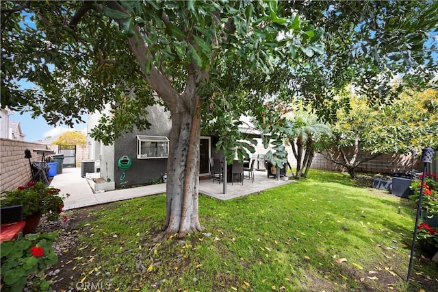 view of yard with a patio and central AC unit