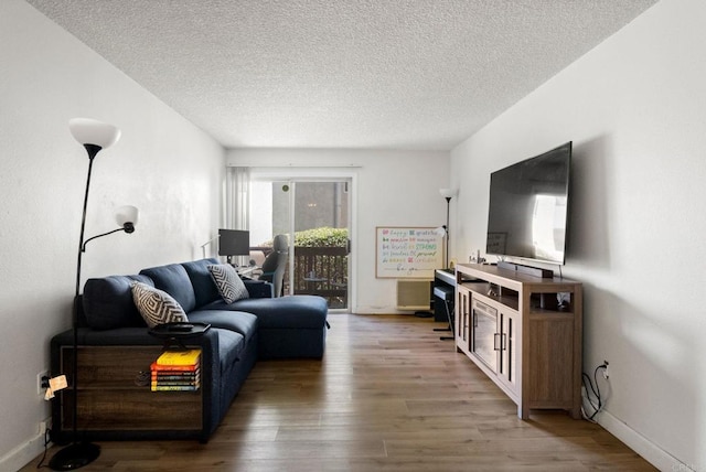 living area featuring wood finished floors, a textured ceiling, and baseboards