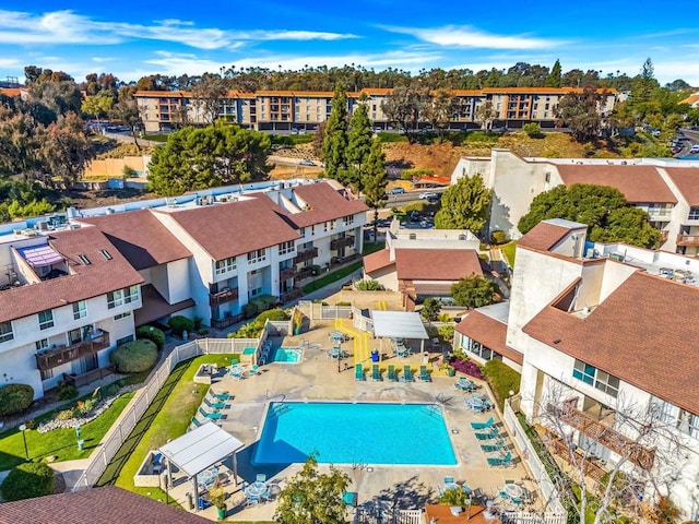 drone / aerial view of a pool area