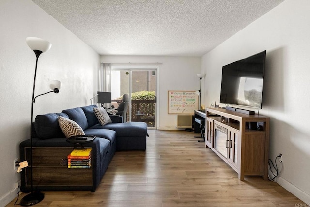 living room featuring wood finished floors, a textured ceiling, and baseboards