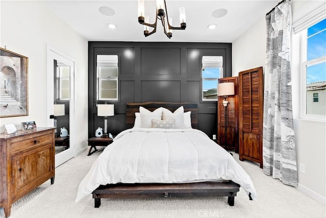 612 Prickly Pear Way, Rancho Mission Viejo, CA 92694 - bedroom with light carpet, a chandelier, multiple windows, baseboards, and recessed lighting