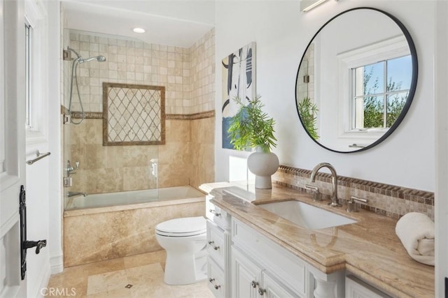 28 Shoreridge, Newport Coast, CA 92657 - full bathroom with vanity, tiled shower / bath combo, decorative backsplash, and tile patterned flooring