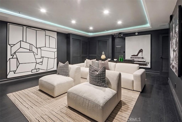 28 Shoreridge, Newport Coast, CA 92657 - home theater room with a raised ceiling, recessed lighting, and wood finished floors