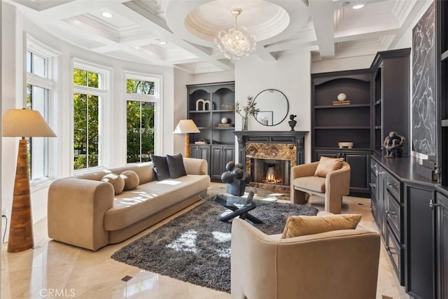 28 Shoreridge, Newport Coast, CA 92657 - living room featuring coffered ceiling, a premium fireplace, recessed lighting, crown molding, and a chandelier
