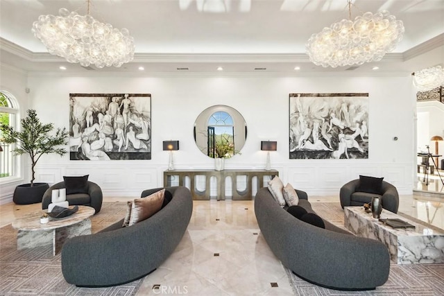 28 Shoreridge, Newport Coast, CA 92657 - lobby with crown molding, wainscoting, recessed lighting, and a decorative wall