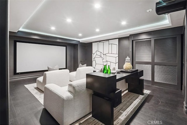 28 Shoreridge, Newport Coast, CA 92657 - cinema room featuring recessed lighting, a raised ceiling, and dark wood-style floors