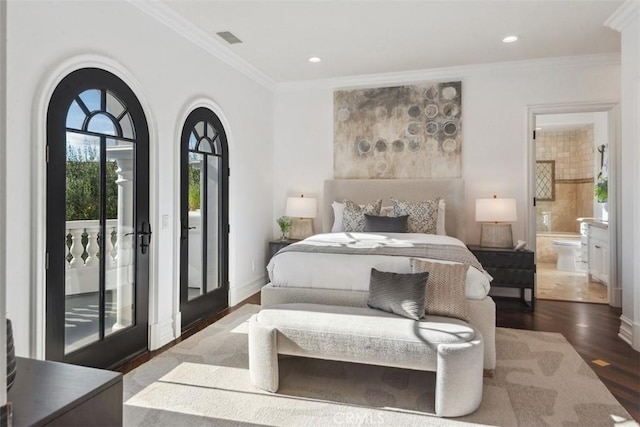 28 Shoreridge, Newport Coast, CA 92657 - bedroom featuring access to exterior, dark wood-type flooring, crown molding, ensuite bathroom, and recessed lighting