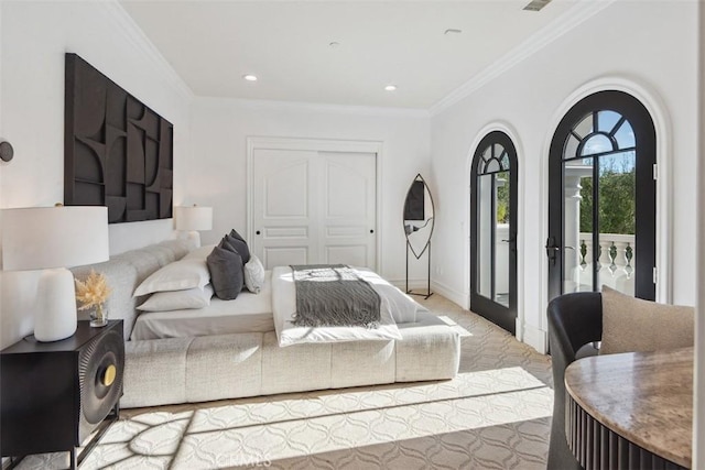28 Shoreridge, Newport Coast, CA 92657 - carpeted bedroom featuring ornamental molding, recessed lighting, and a closet