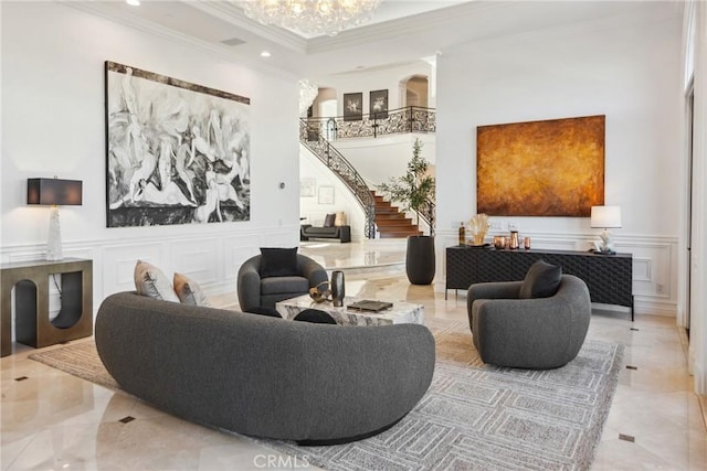 28 Shoreridge, Newport Coast, CA 92657 - lobby featuring a decorative wall, crown molding, stairway, and recessed lighting