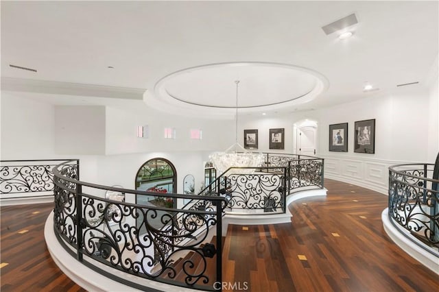28 Shoreridge, Newport Coast, CA 92657 - stairs with a tray ceiling, recessed lighting, ornamental molding, and wood finished floors