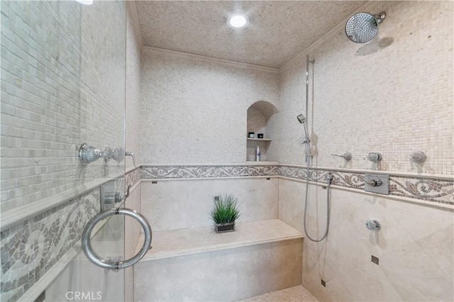 28 Shoreridge, Newport Coast, CA 92657 - full bath featuring ornamental molding, a tile shower, and tile walls