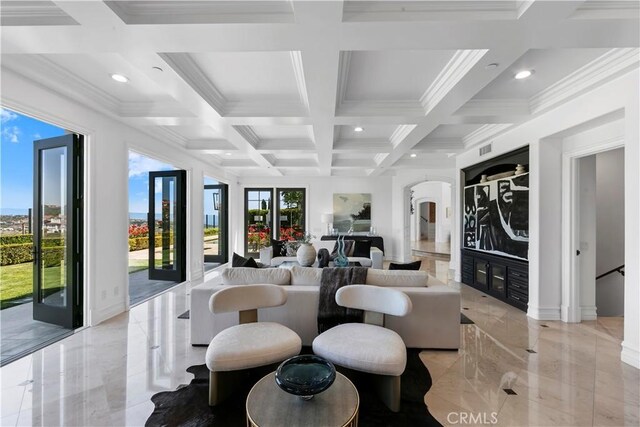 28 Shoreridge, Newport Coast, CA 92657 - living room with beamed ceiling, coffered ceiling, light marble finish floors, recessed lighting, and arched walkways