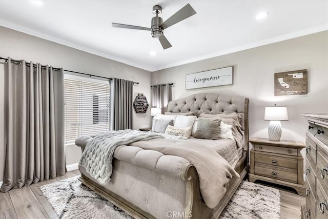 73 Melrose Dr, Mission Viejo, CA 92692 - bedroom with crown molding, light wood-style floors, recessed lighting, a ceiling fan, and baseboards