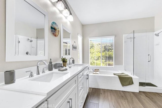 73 Melrose Dr, Mission Viejo, CA 92692 - full bath featuring wood finished floors, a stall shower, a garden tub, and double vanity