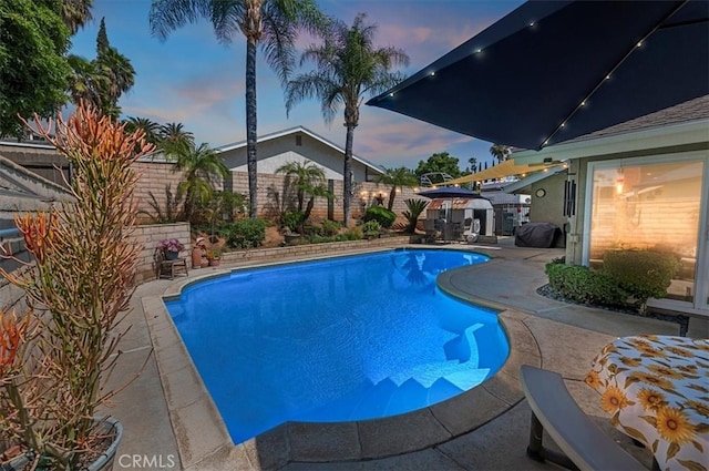 view of swimming pool with a fenced backyard and a patio