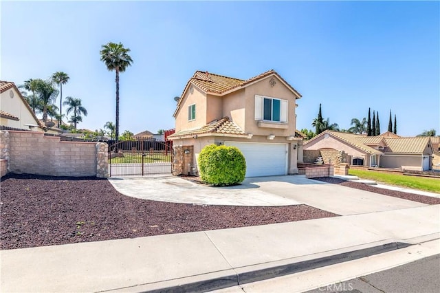 mediterranean / spanish-style house featuring a gate, stucco siding, a tile roof, a garage, and fence