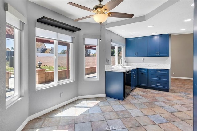 kitchen with blue cabinetry, dishwasher, baseboards, light countertops, and recessed lighting