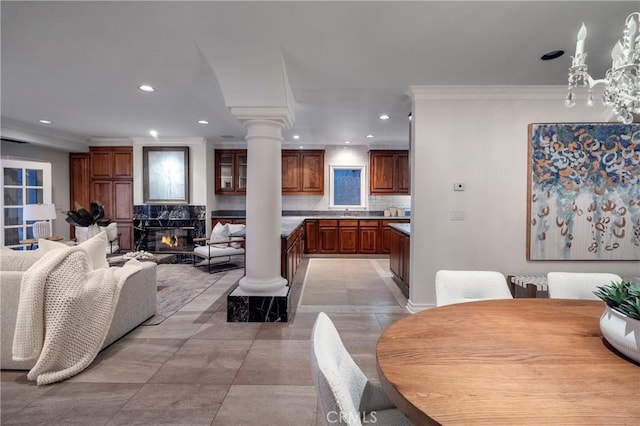339 Via Lido Soud, Newport Beach, CA 92663 - living area with decorative columns, ornamental molding, recessed lighting, and a high end fireplace