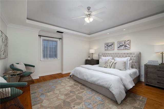 339 Via Lido Soud, Newport Beach, CA 92663 - bedroom featuring a tray ceiling, wood finished floors, recessed lighting, baseboards, and a ceiling fan