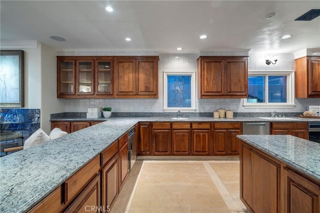 339 Via Lido Soud, Newport Beach, CA 92663 - kitchen with a sink, stainless steel dishwasher, light stone counters, backsplash, and recessed lighting