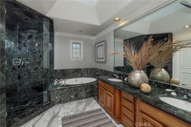 339 Via Lido Soud, Newport Beach, CA 92663 - full bath with ornamental molding, marble tiled flooring, a jetted tub, a marble finish shower, and double vanity