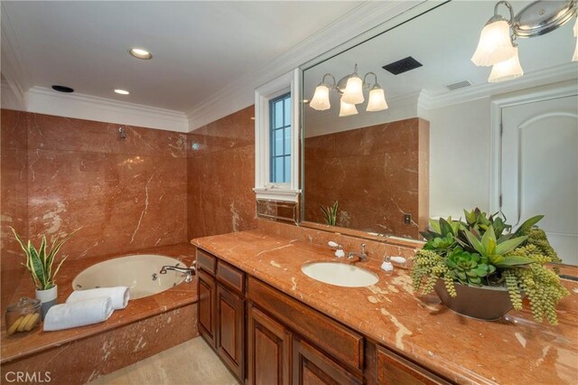 339 Via Lido Soud, Newport Beach, CA 92663 - full bathroom featuring a whirlpool tub, vanity, ornamental molding, a chandelier, and recessed lighting