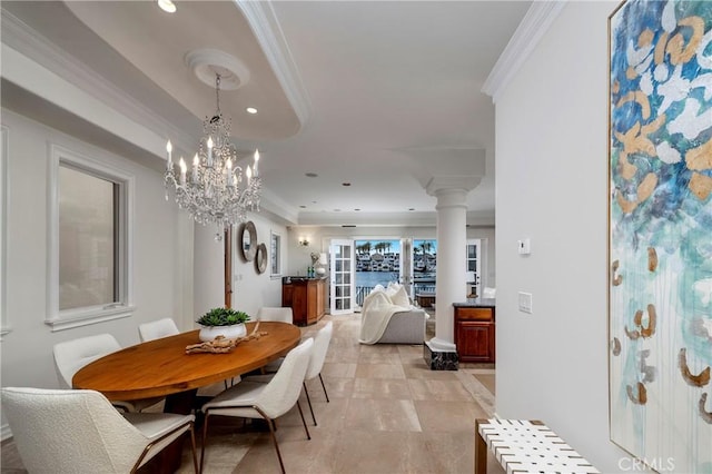 339 Via Lido Soud, Newport Beach, CA 92663 - dining space featuring ornamental molding, a chandelier, recessed lighting, and ornate columns