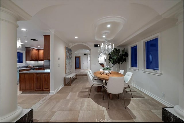 339 Via Lido Soud, Newport Beach, CA 92663 - dining room with arched walkways, a chandelier, baseboards, recessed lighting, and decorative columns