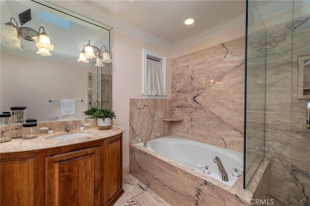 339 Via Lido Soud, Newport Beach, CA 92663 - bathroom with a garden tub, vanity, ornamental molding, marble finish flooring, and a marble finish shower