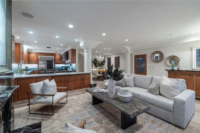 339 Via Lido Soud, Newport Beach, CA 92663 - living area featuring ornate columns, recessed lighting, and ornamental molding