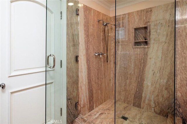 339 Via Lido Soud, Newport Beach, CA 92663 - bathroom featuring a shower stall and crown molding