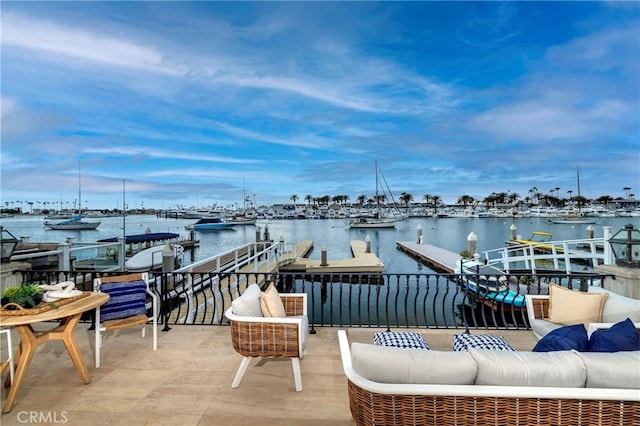 339 Via Lido Soud, Newport Beach, CA 92663 - dock area with outdoor lounge area, view of marina, and a water view