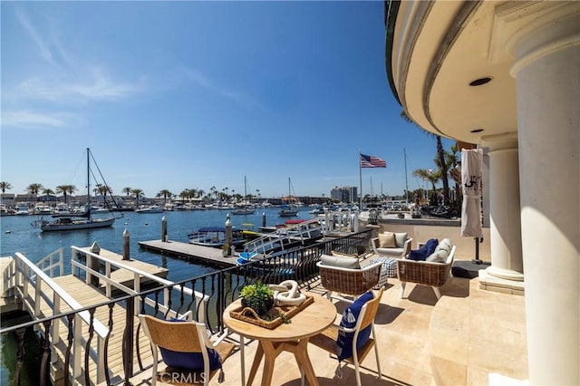 339 Via Lido Soud, Newport Beach, CA 92663 - balcony with a water view, an outdoor living space, view of marina, and a dock