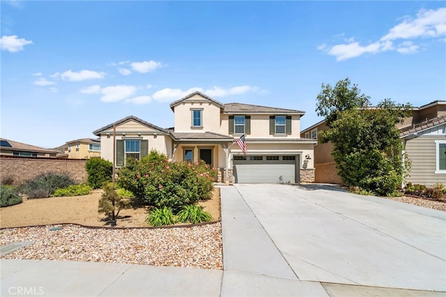 27490 Grand Teton Ct, Menifee, CA 92585 - traditional-style house with stucco siding, concrete driveway, an attached garage, and stone siding