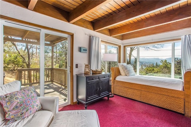 28834 Zion Dr, Lake Arrowhead, CA 92352 - bedroom with access to exterior, beamed ceiling, wood ceiling, and dark colored carpet