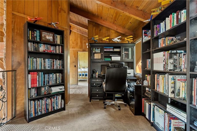 28834 Zion Dr, Lake Arrowhead, CA 92352 - home office with carpet, wooden ceiling, wood walls, and bookshelves