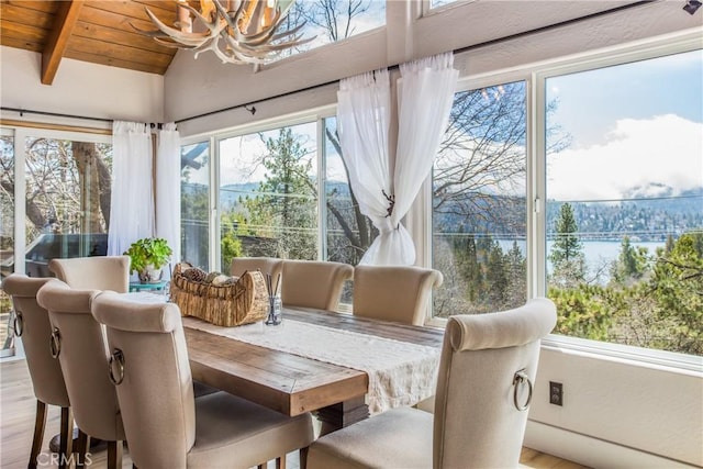 28834 Zion Dr, Lake Arrowhead, CA 92352 - sunroom with a chandelier, wood finished floors, wood ceiling, and a water view