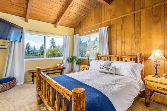 28834 Zion Dr, Lake Arrowhead, CA 92352 - carpeted bedroom featuring wood ceiling and wooden walls