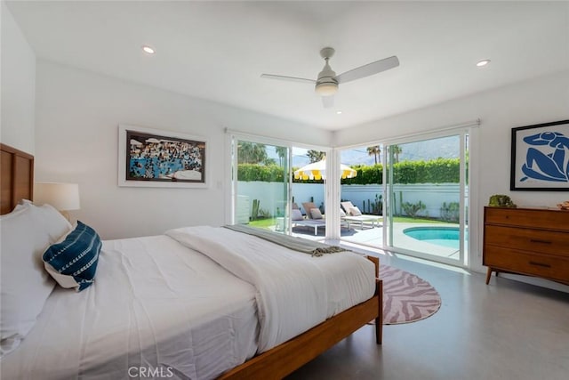 bedroom featuring access to outside, finished concrete flooring, a ceiling fan, and recessed lighting