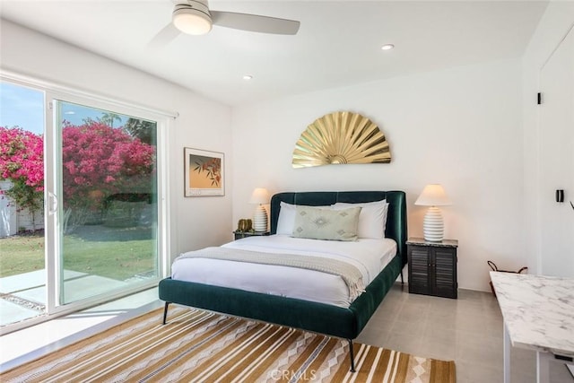 bedroom featuring access to exterior and ceiling fan