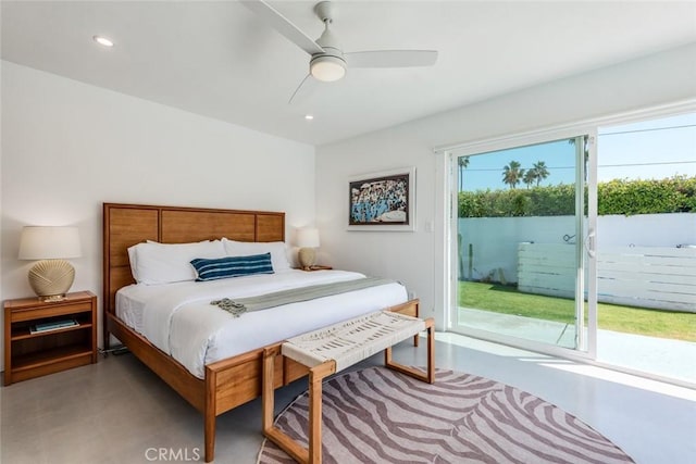 bedroom featuring access to exterior, a ceiling fan, and recessed lighting