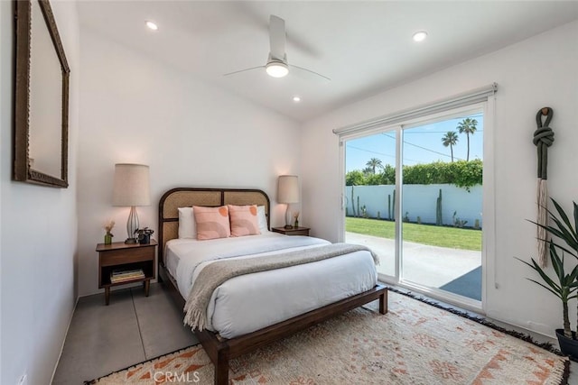 bedroom featuring access to exterior, recessed lighting, and a ceiling fan