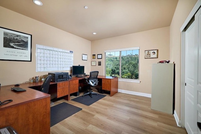 2021 Willow Glen Rd, Fallbrook, CA 92028 - home office with light wood-style floors, baseboards, and recessed lighting