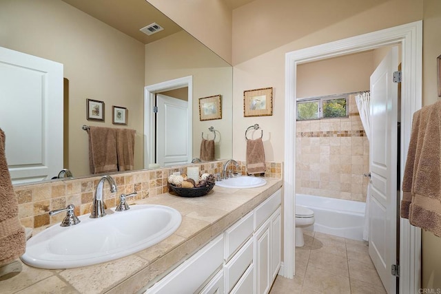 2021 Willow Glen Rd, Fallbrook, CA 92028 - full bath with toilet, double vanity, tile patterned floors, and shower / bathtub combination with curtain