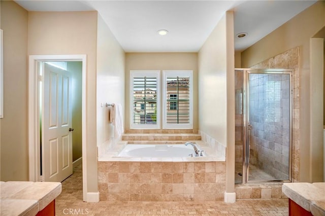 7 Honeydew, Irvine, CA 92603 - full bathroom with a stall shower, a bath, vanity, and tile patterned floors