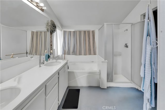 14028 Yorktown Ct, Fontana, CA 92336 - full bathroom featuring a stall shower, double vanity, a garden tub, and finished concrete flooring
