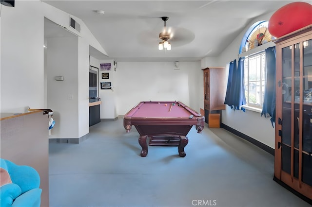 14028 Yorktown Ct, Fontana, CA 92336 - game room featuring lofted ceiling, baseboards, a ceiling fan, pool table, and finished concrete floors